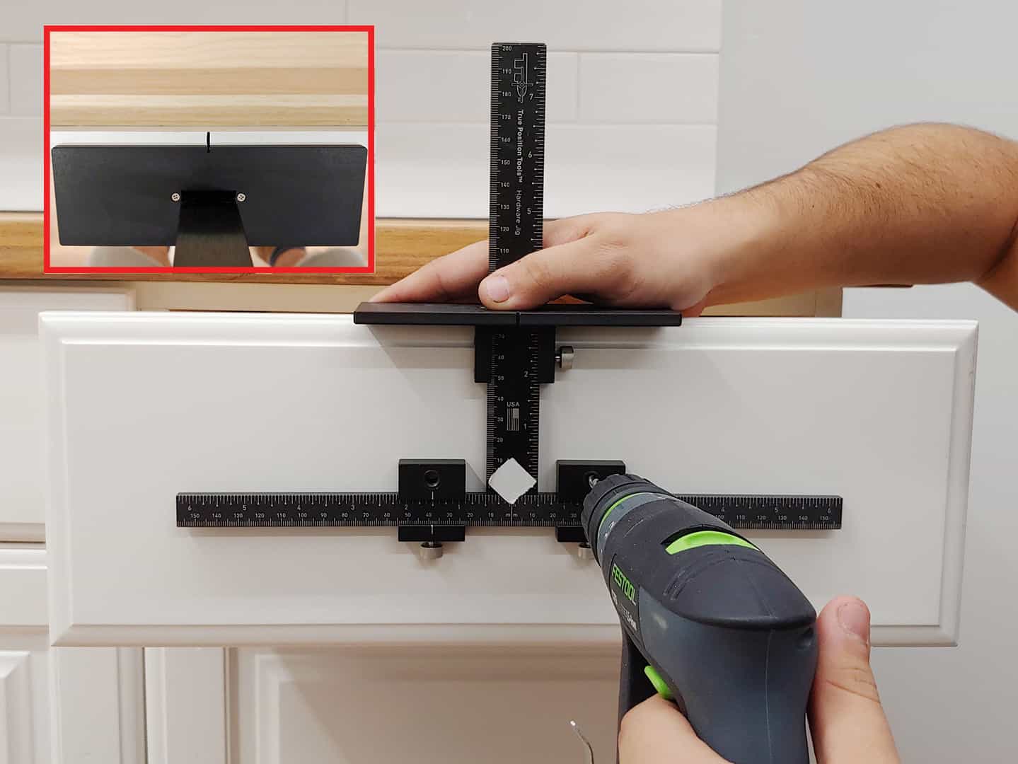 handle installation on cabinet drawer with TP-1934 Cabinet Hardware Jig (step 7)