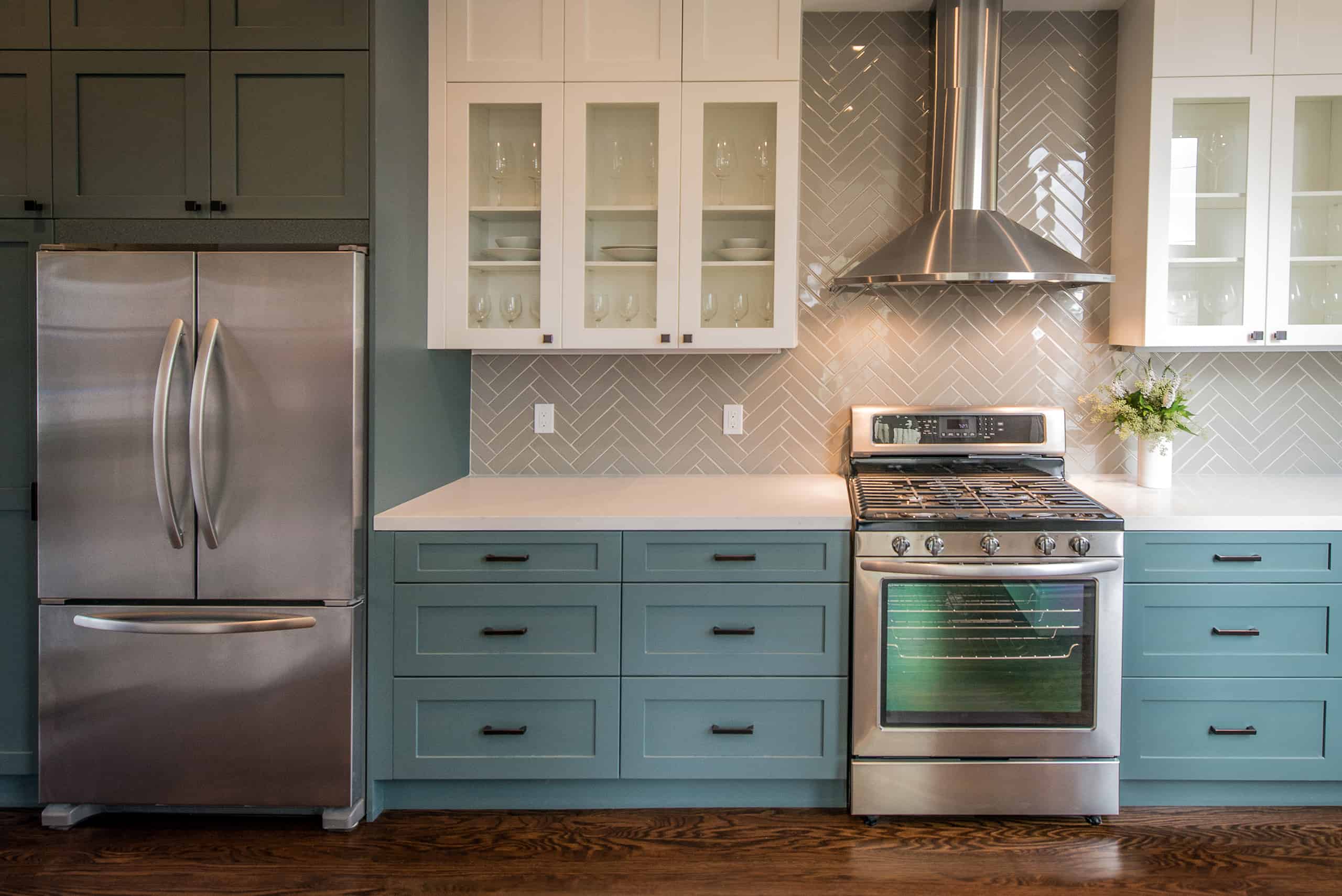 modern clean teal kitchen shaker style cabinet drawers centered hardware recessed panel