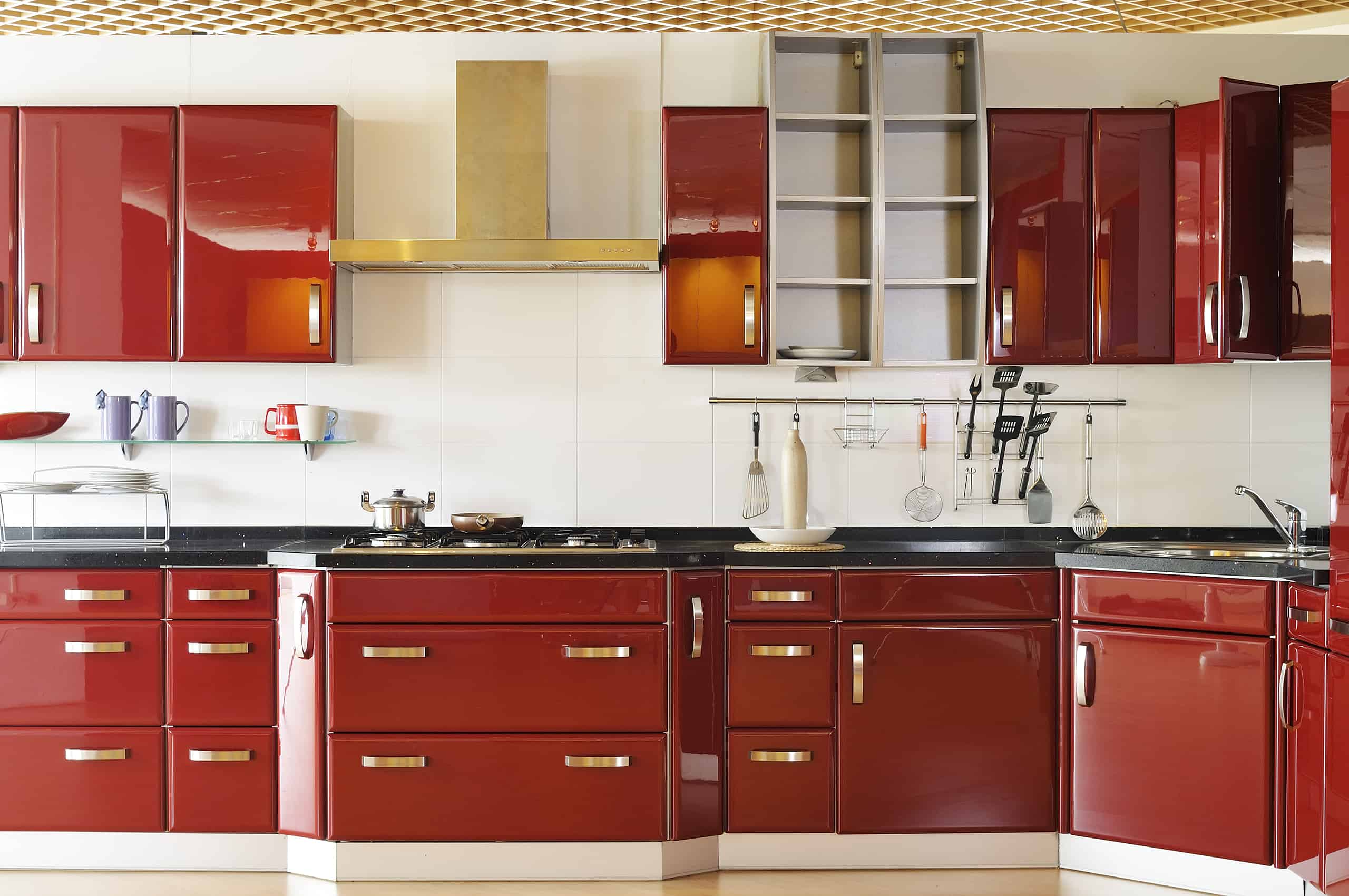 Modern kitchen cabinet door a deep red